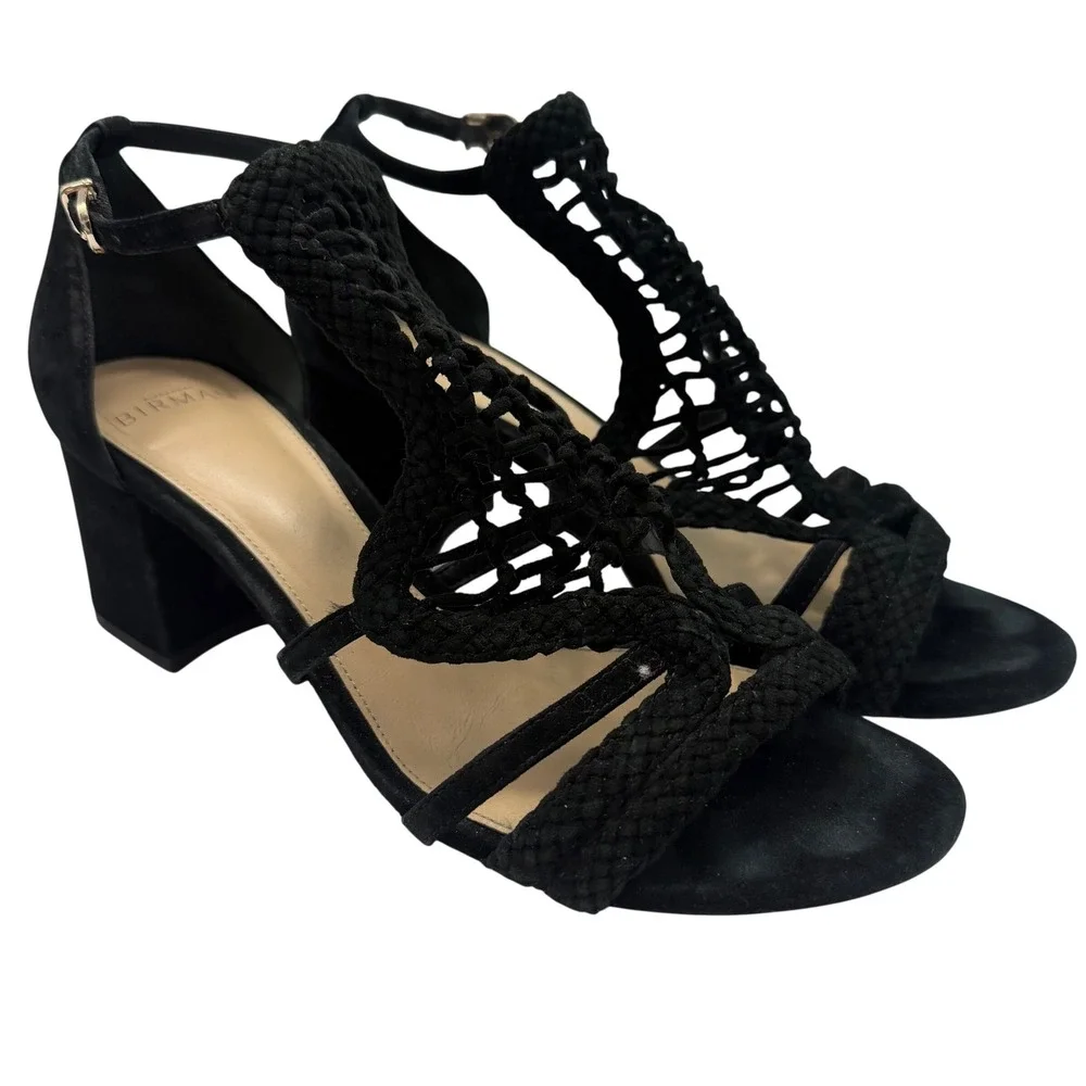 Alexandre Birman Black Suede Leather Braided Strappy Heel Sandals Size 38.5